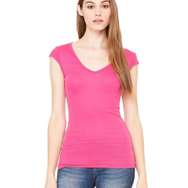 Women's Cap Sleeve Sheer Mini Rib V-neck Tee Thumbnail